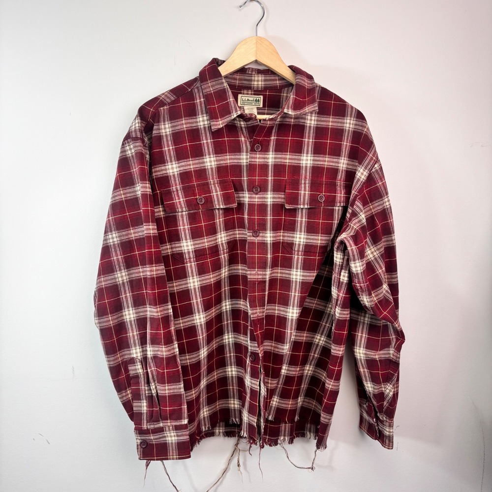 Vintage L.L. Bean Plaid Flannel Shirt XL Burgundy Grunge Distressed Raw Hem 90s